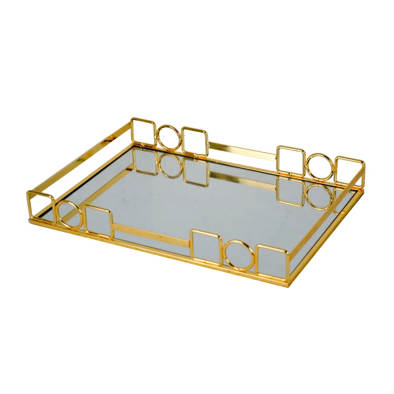 Custom Metal Decorative  Perfume Organizer luxury Makeup Tray Mirror Vanity Tray Gold Mirror metal Tray