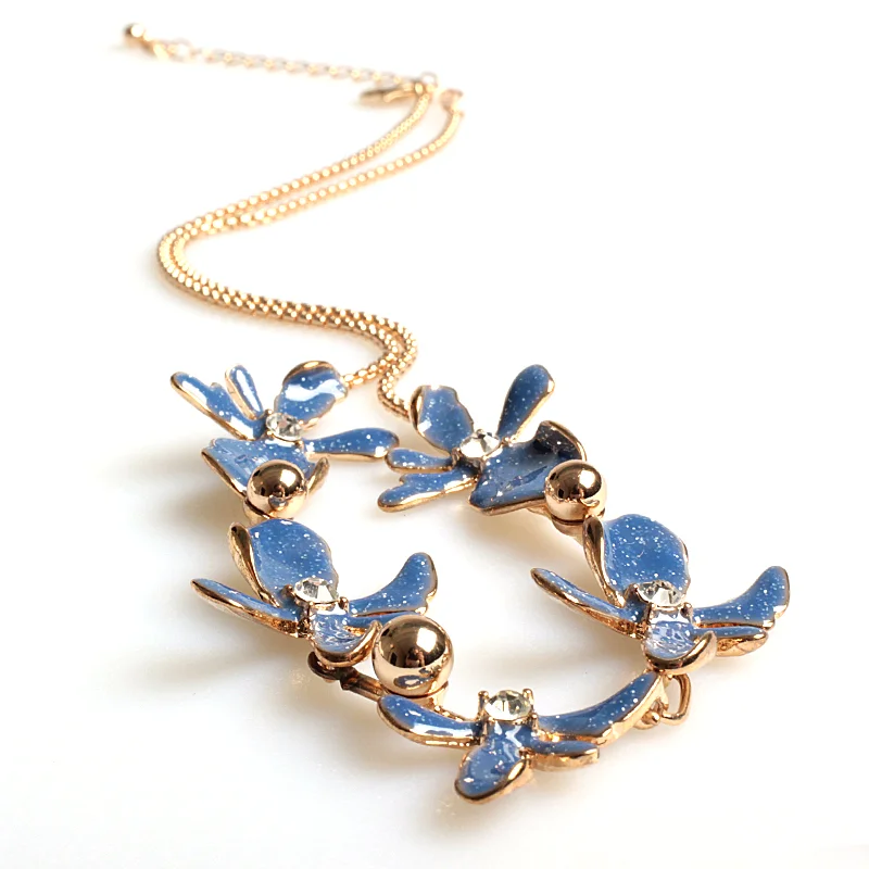 V&R Joyeria China Costume Jewelry Rounded Box 18k Gold Plated Chain Blue Epoxy Glitter Powder And Rhinestone Flower Necklace