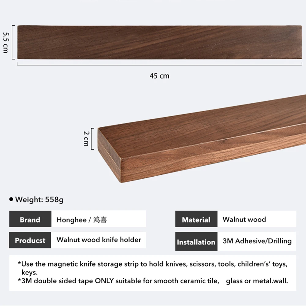High Quality Wall Use Kitchen Accessories Walnut Wood Knife Magnetic Holder Strip Magnetic Block Bar