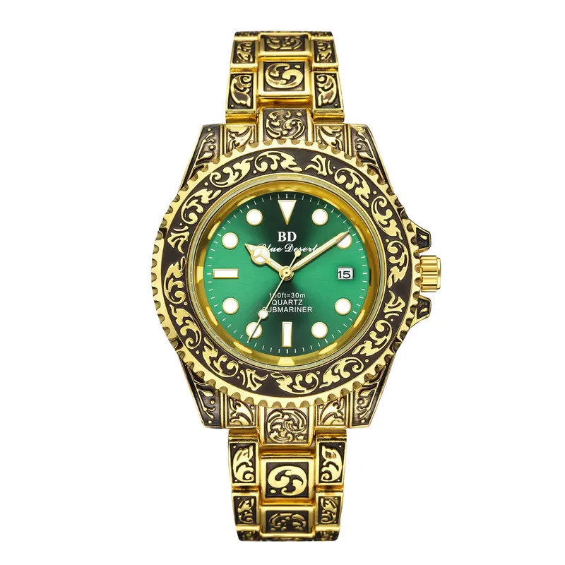 Luxury Brand Gold Engraved Green Dial Watches For Men Vintage Style Male Luminous Pointers Waterproof Quartz Analog Watches
