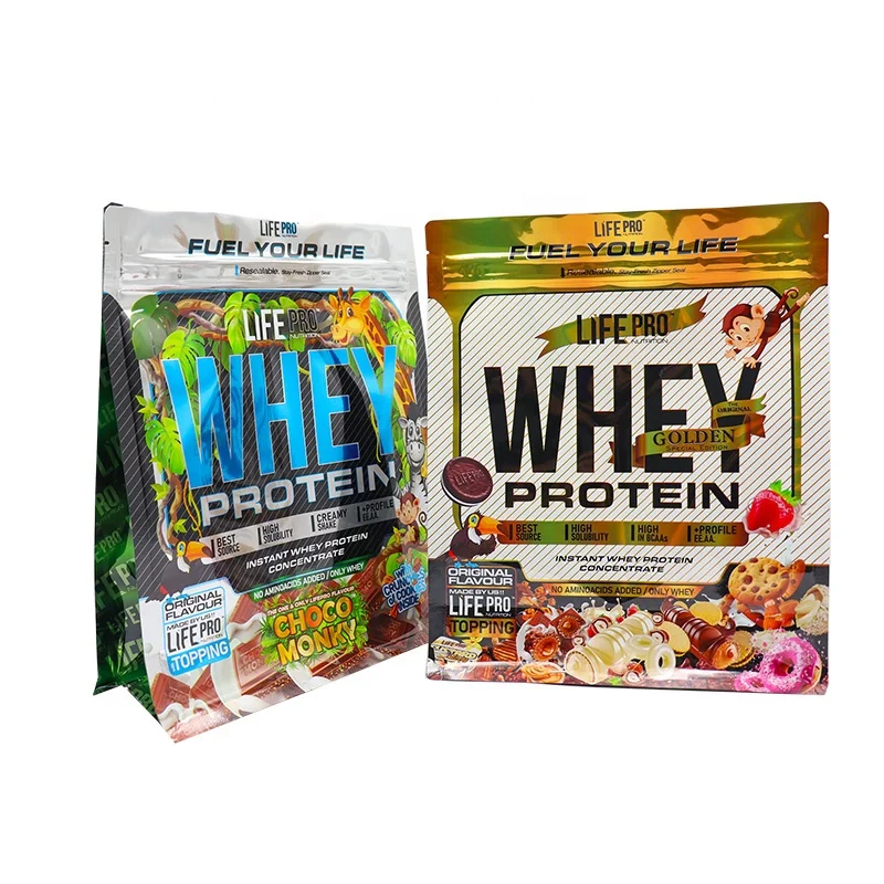 Custom 100G 500G 12LB 10KG Resealable Zip Lock Food Flat Bottom Pouch Whey Protein Powder Packaging Bag