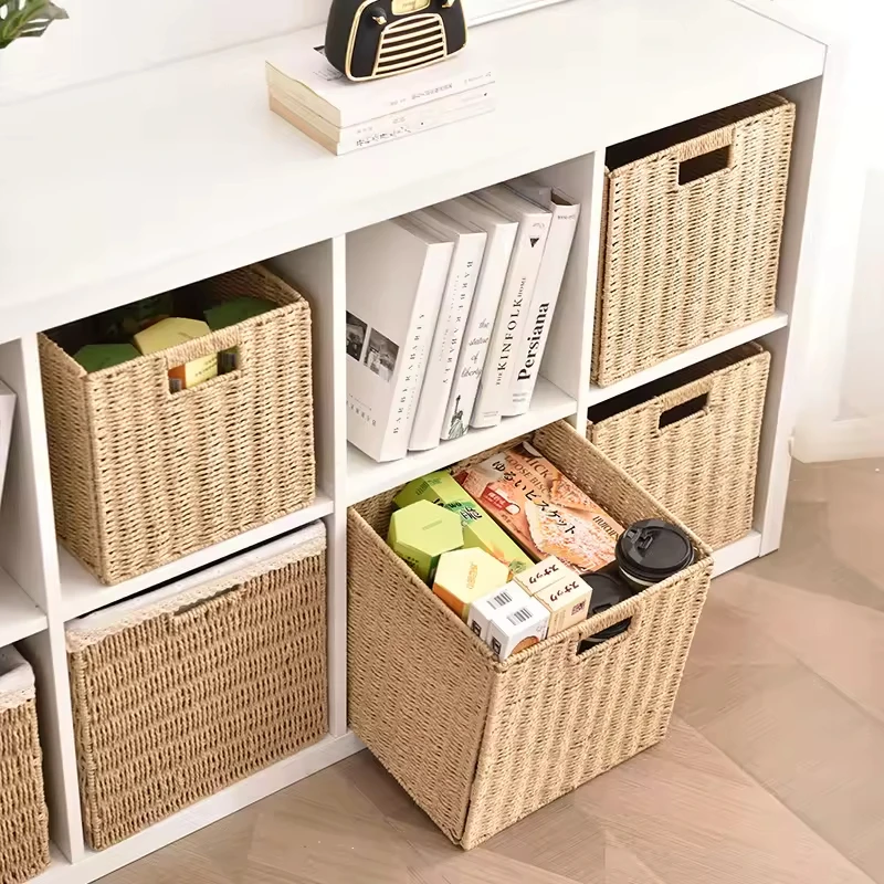 Хит продаж Плетеная соломенная складная бумажная веревка тканая игрушка для хранения одежды корзина еды с ручкой