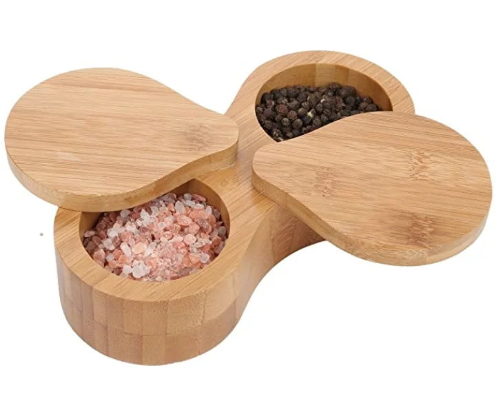 Double Round Bamboo Container Salt and Pepper Wooden Box Spices Storage Jar