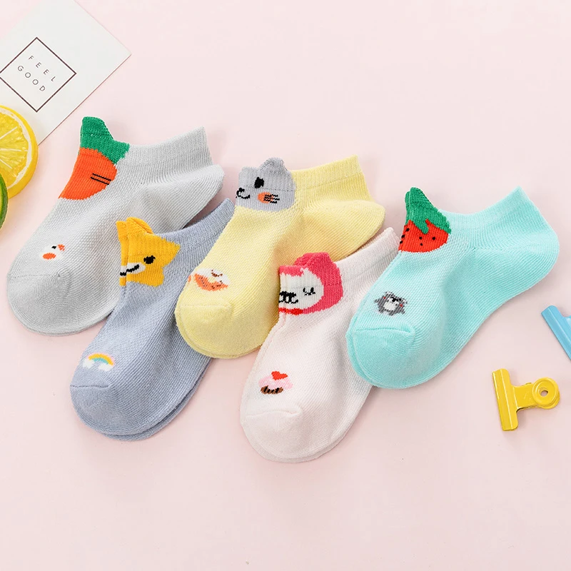 
Child Summer Mesh Cotton Stereoscopic Asakuchi 5 Pairs Mixed Fruit Printed Ankle Short Kids Socks Invisible 