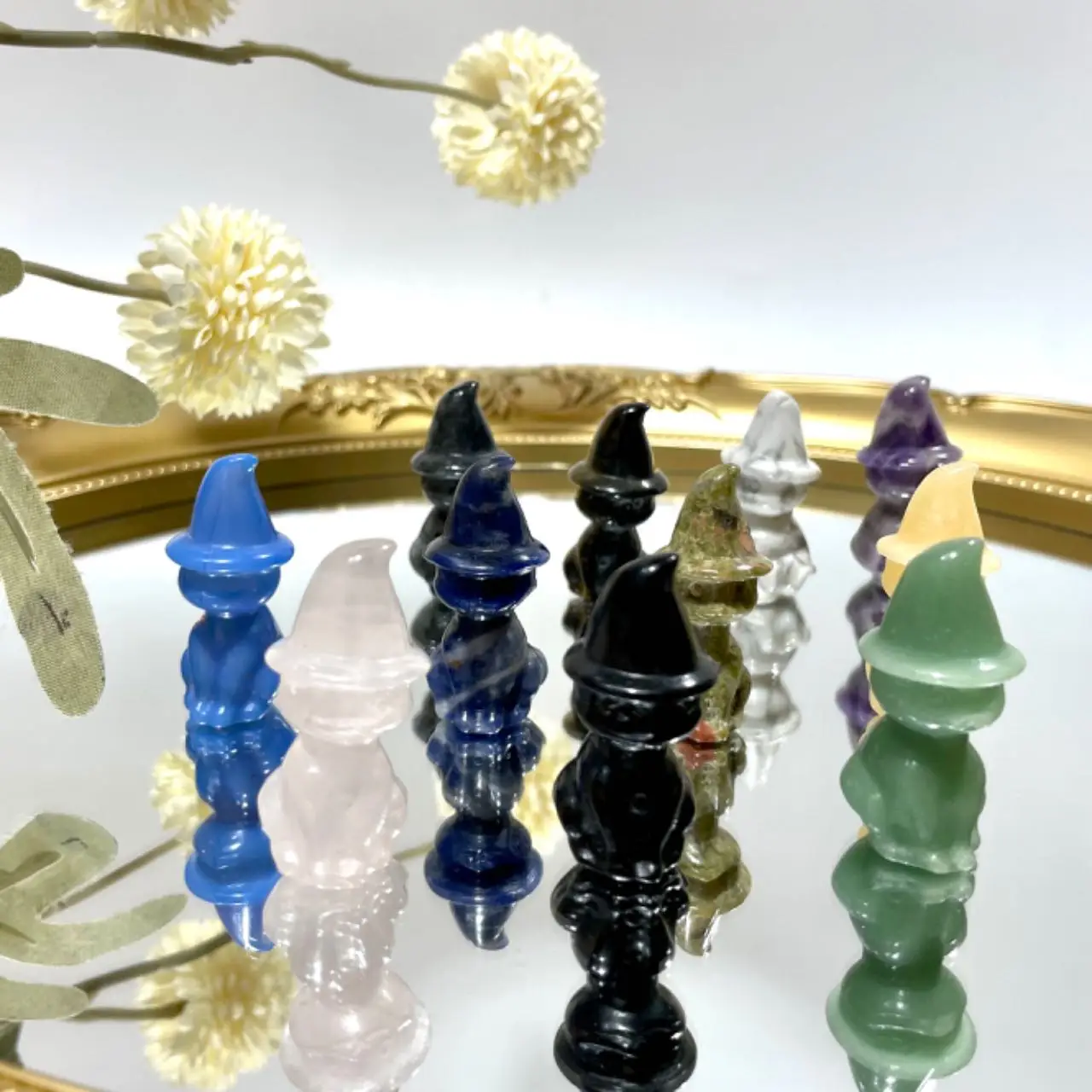Healing Reiki Halloween Decorations Natural Stone Quartz Crystal Carved Wizard Hat Cats Polished Gemstone Craft 4cm