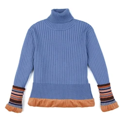 Womens Velvet Lining Colorblock Sweater Turtle Neck Casual Long Sleeve Loose Striped Knitted  Pullover Tops