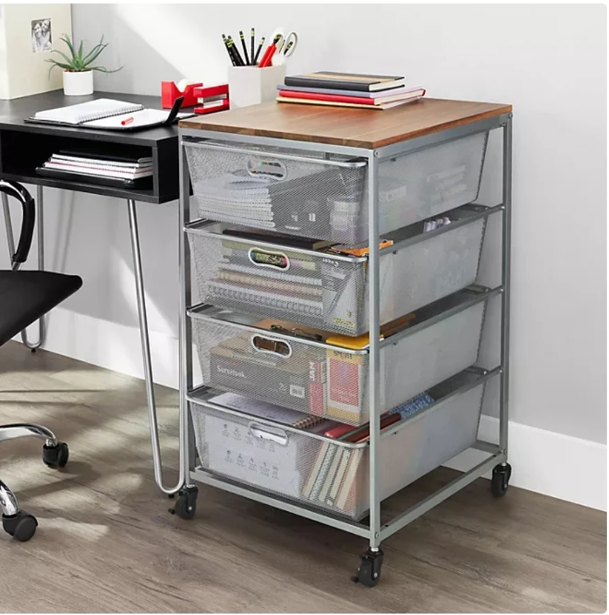 Home Organization Multi-functional Metal Mesh 4-Drawer Organizer Rolling Cart With Acacia Wood Top