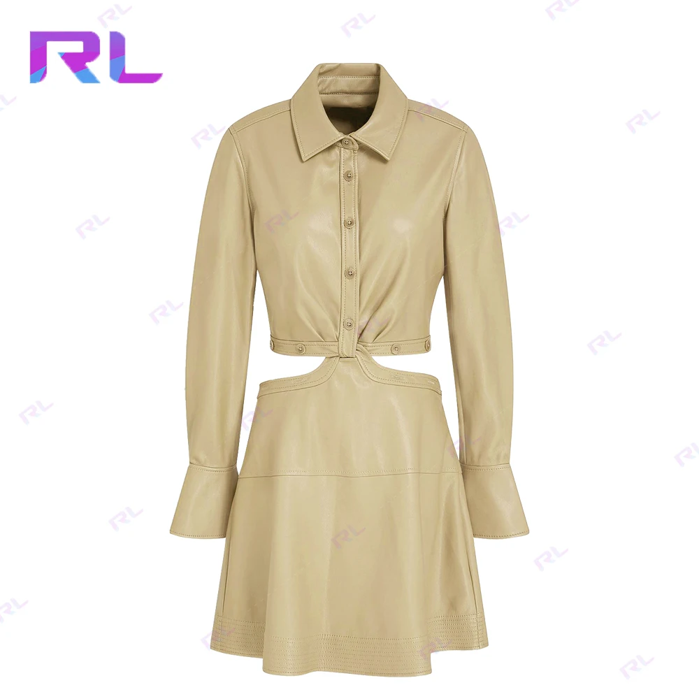 Long Sleeve Autumn Women Streetwear Clothing cutout twisted faux leather mini shirt dress 2 Piece Skirt Set Women Dress Set