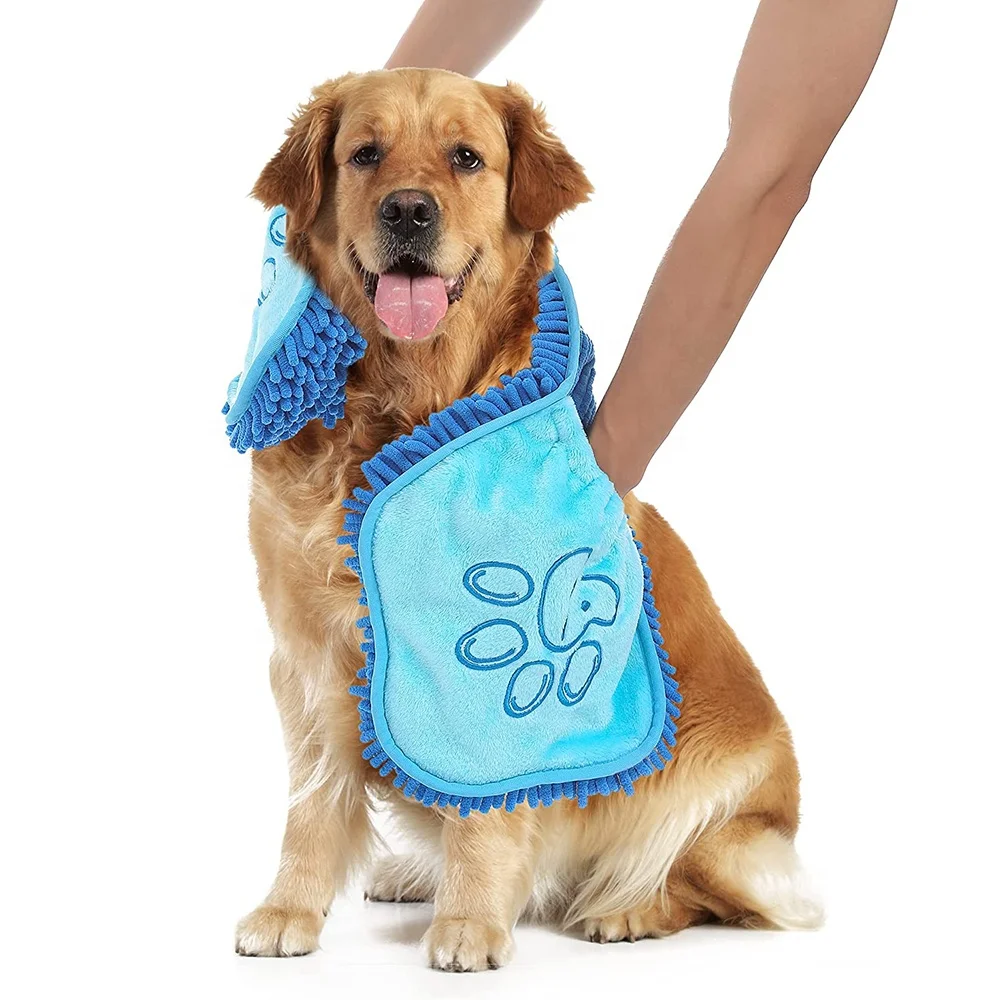 Wholesale Dog Towel Ultra Soft Microfiber Chenille Dog Pet Bath Dry Towel Hand Pockets Super Absorbent Quick Drying Pet Towel