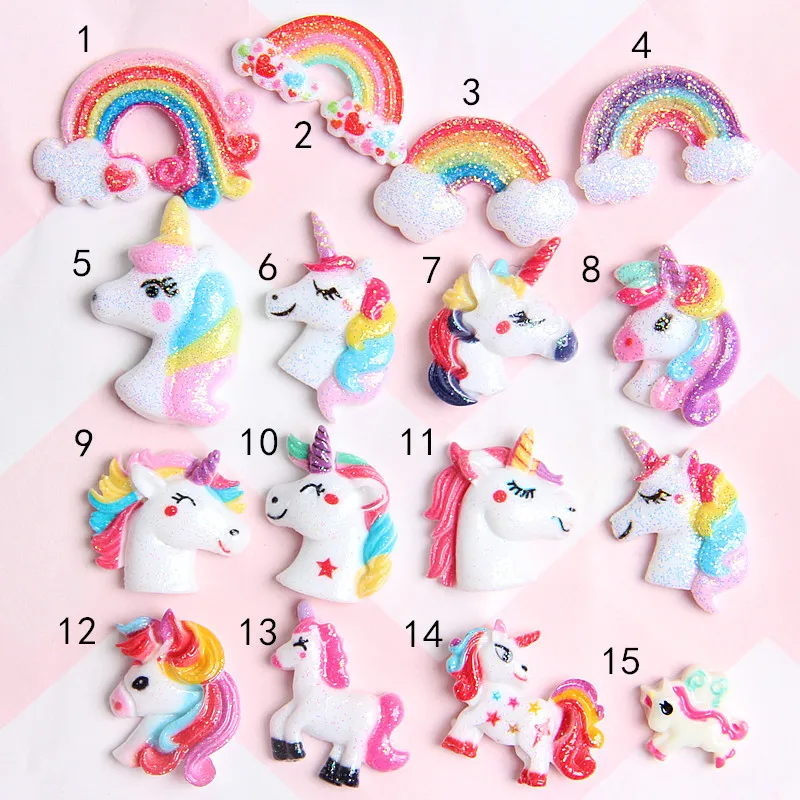
Free Shipping Glitter Unicorn Rainbow Flat Back Resin Cabochons Ornament Cell Phone Decoration Scrapbooking Resin Embellishments 