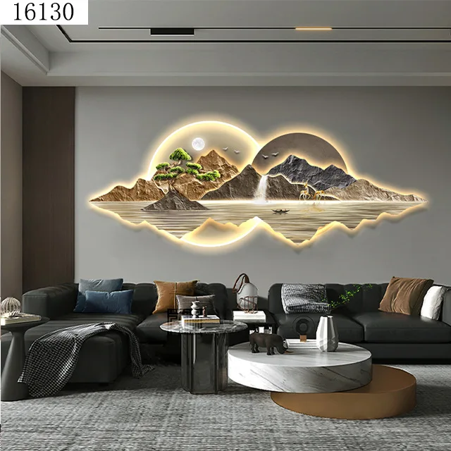 45X120CM Light luxury landscape crystal porcelain modern glass wall paintings with led home decor for living room