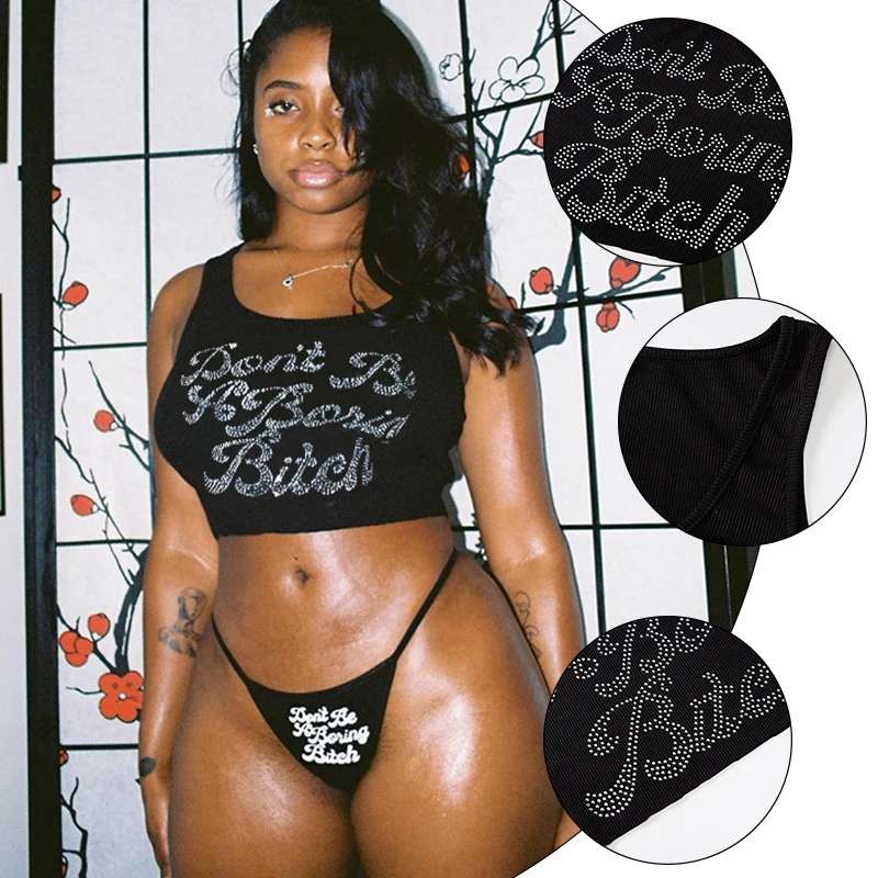 2022 Summer Girl Vintage Short Clothing Streetwear Ladies Black Rhinestone Sexy Crop Top  Women  Y2K Tank Top