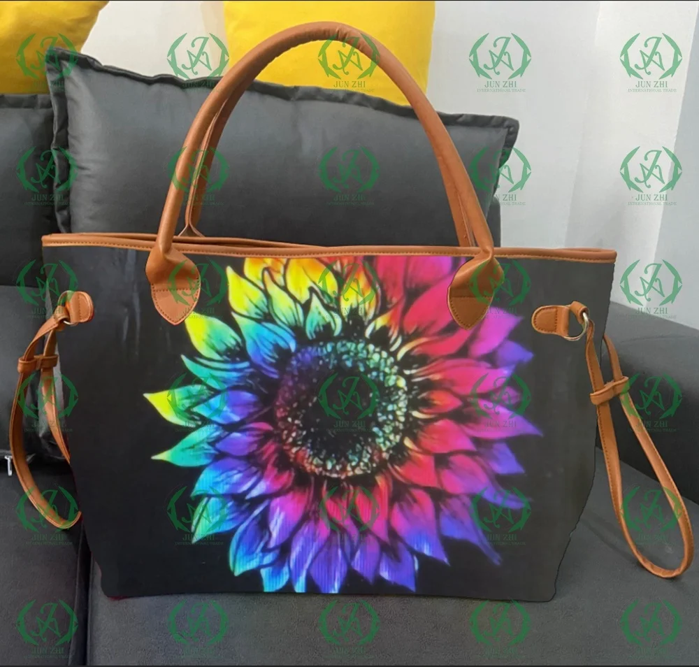 Cow Printed Leather Handbag Rainbow Tie Dye Sunflower Tote Bag