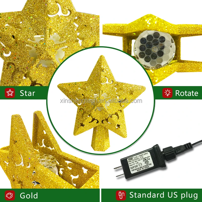 Christmas Tree Topper Lighted 3D Glittered Gold Silver Christmas Star Tree Topper LED Lighting with Rotating Snowflake Projector