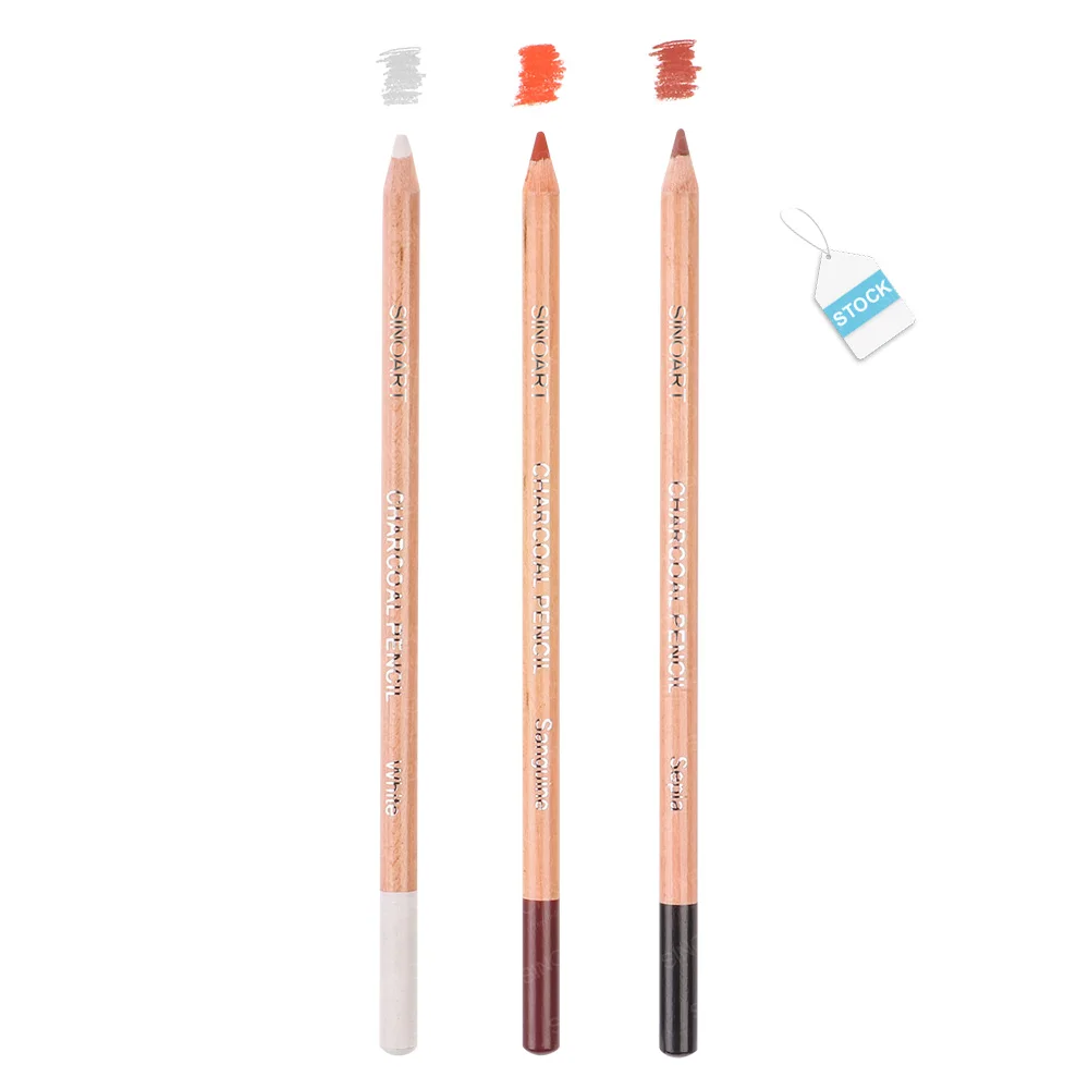 SINOART 3 color Professional Colour Charcoal Pencils Drawing Set White, Sepia, Sanguine pastel pencil for Sketching Drawing