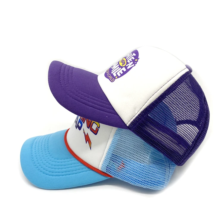 High quality Comfortable New Design 5-Panel Trucker Hats Custom  printing Logo Foam Trucker Hats blue and purple Mesh Caps