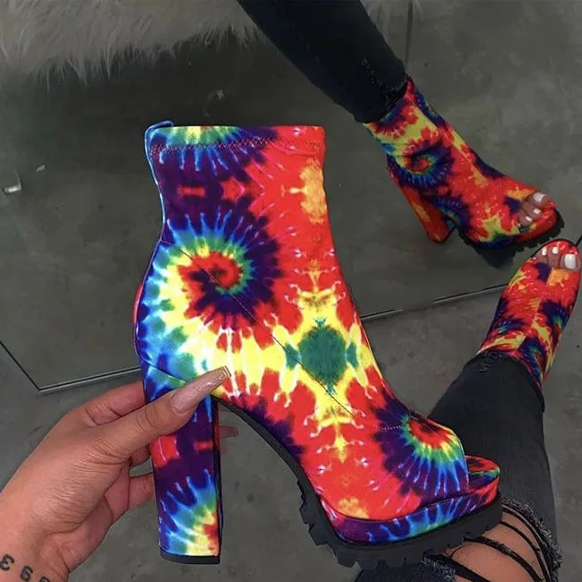 Fashion Boots Women Tie-Dyed Casual Heel Shoes Fashion Gladiator Bootie In big size 6-11