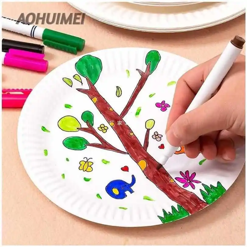 Wholesale Kindergarten Creative Handmade DIY Colorful Paper Plate Art Decal Disposable Circular 7-inch Cake Plate 50