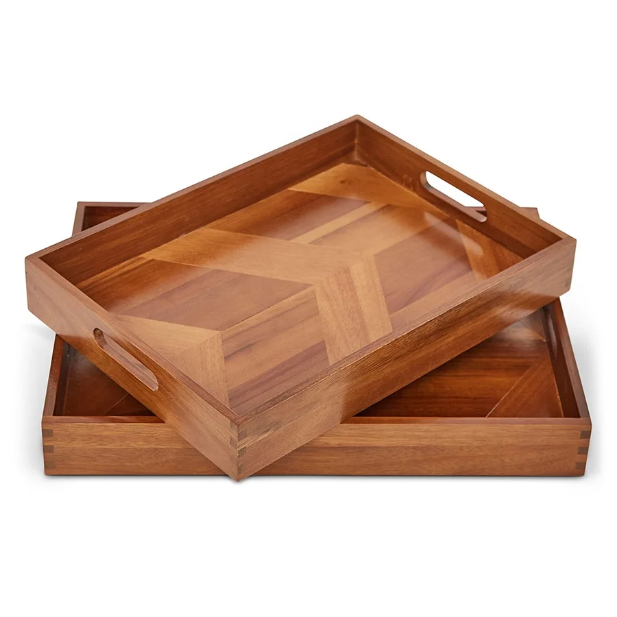 Luxury wholesale premium wood serv tray plate 2 pcs wooden serving tray set with handles