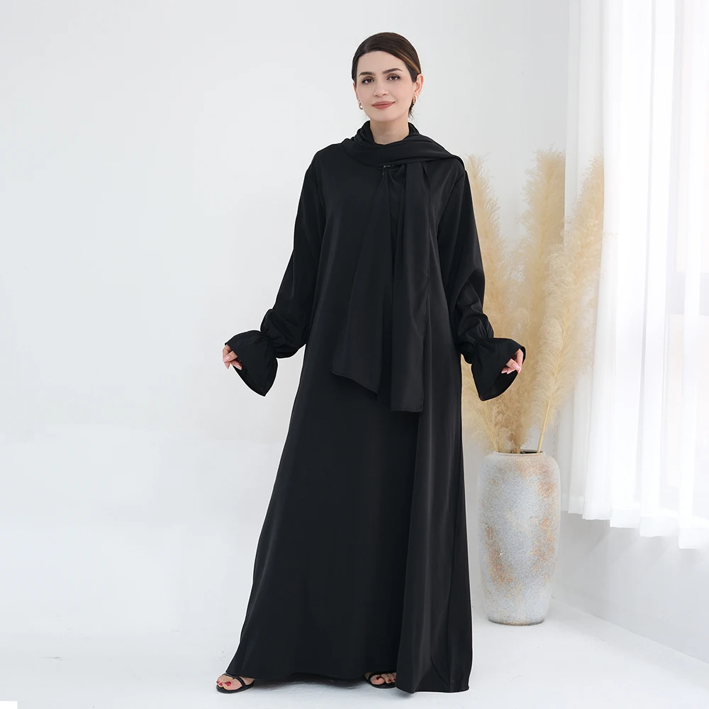 Modest Muslim Women One Piece Prayer Hijab Dress Solid Color Plus Size Trumpet Sleeves Ramadan eid Jilbab Abaya Muslim Dress