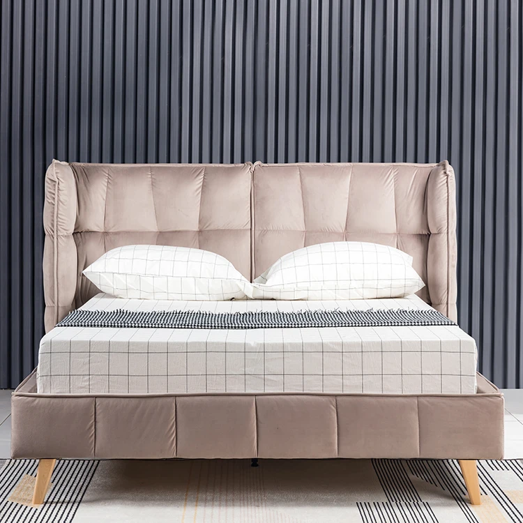 factory direct export king size soft  headboard customize wood frame upholstered bed with wings  from China