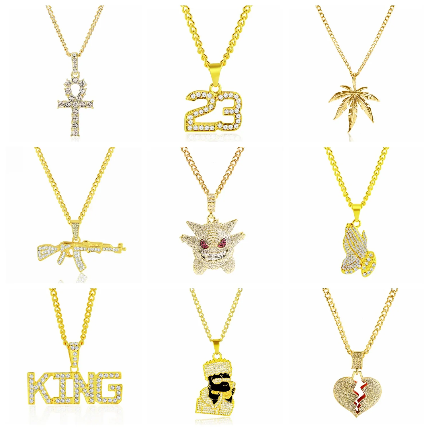 Punk Style Boys Men Hip Hop Full Rhinestone King Shape Pendants Necklaces Iced Out Cuban Link Chain Hiphop Necklace Mens Jewelry