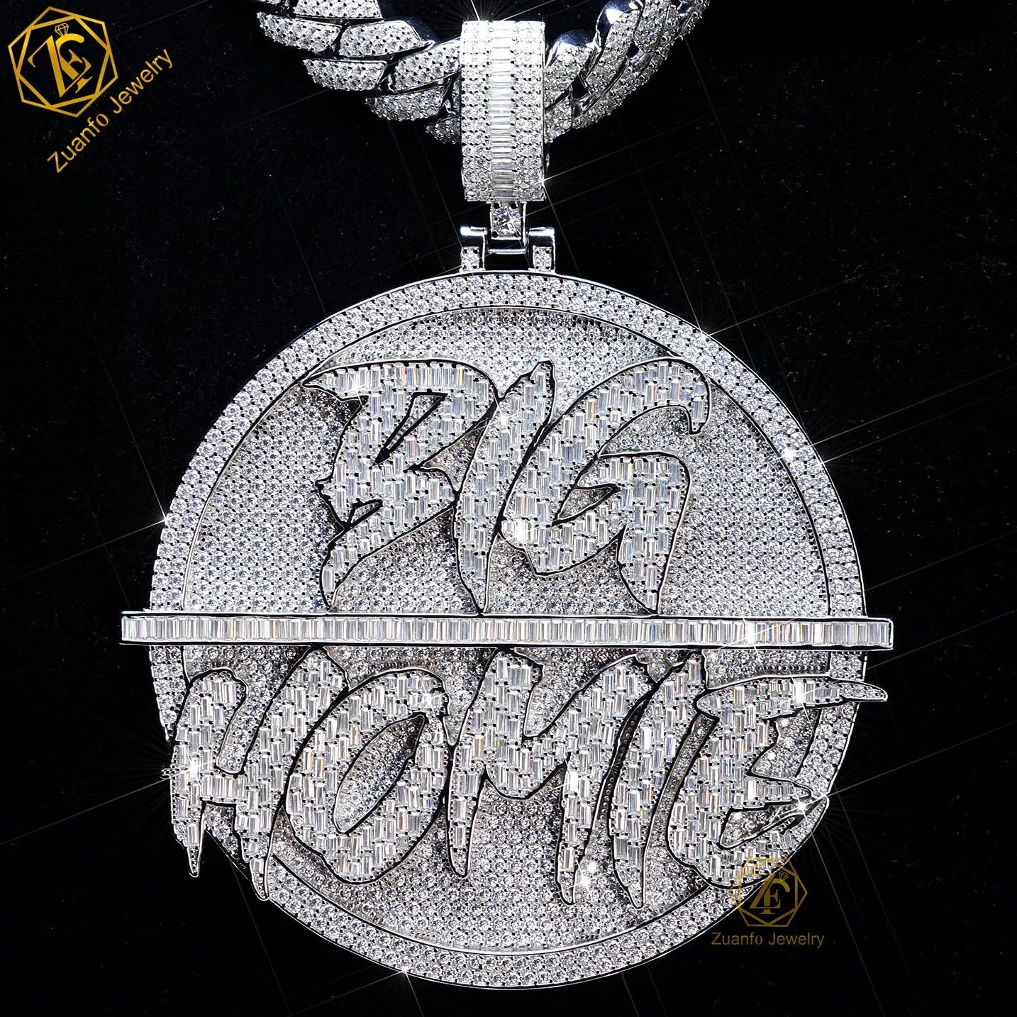 Custom hip hop jewelry high-end sparkle 925 sterling silver iced out baguette Round moissanite letter logo name pendant
