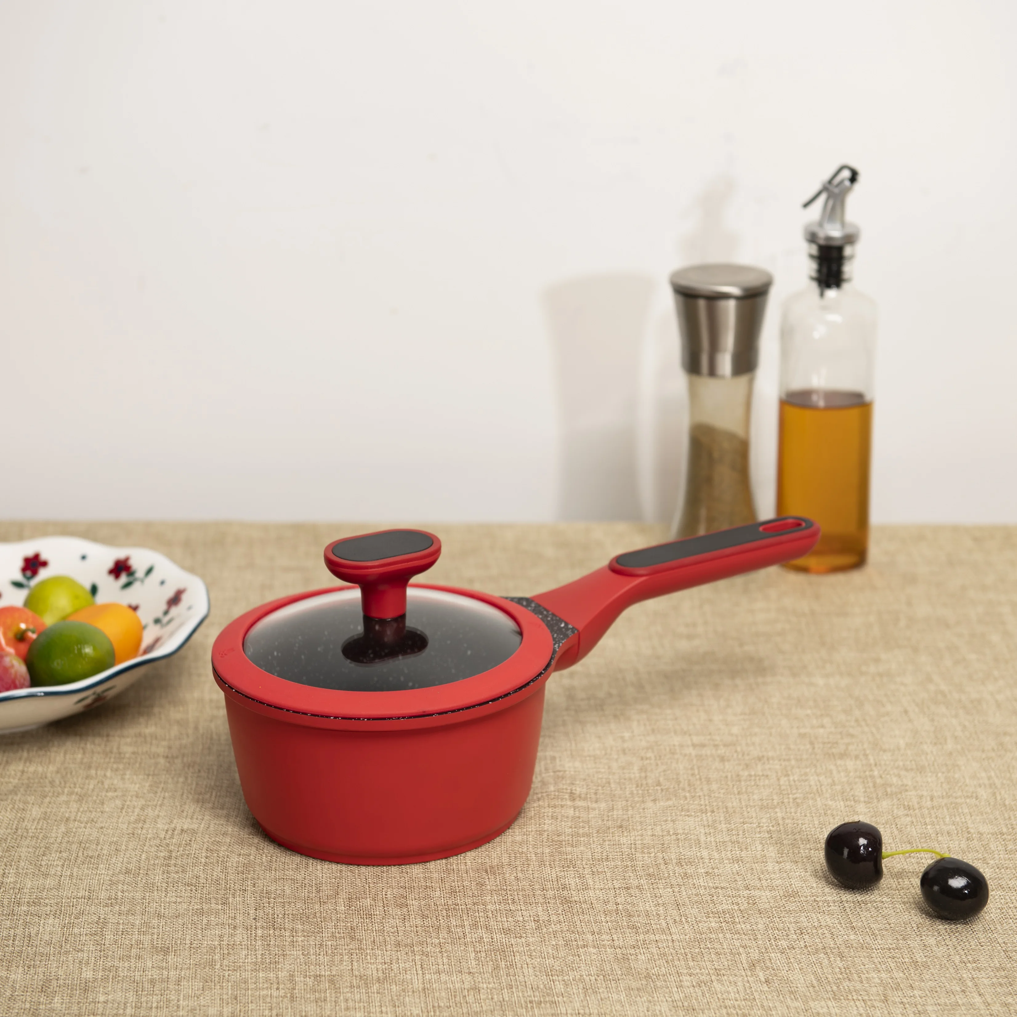 BESCO Sample Escalation Series 16cm Nonstick Cast Aluminum Sauce Pan Small Sauce Pan with Newest Stay Cool Ergonimic Handle Red