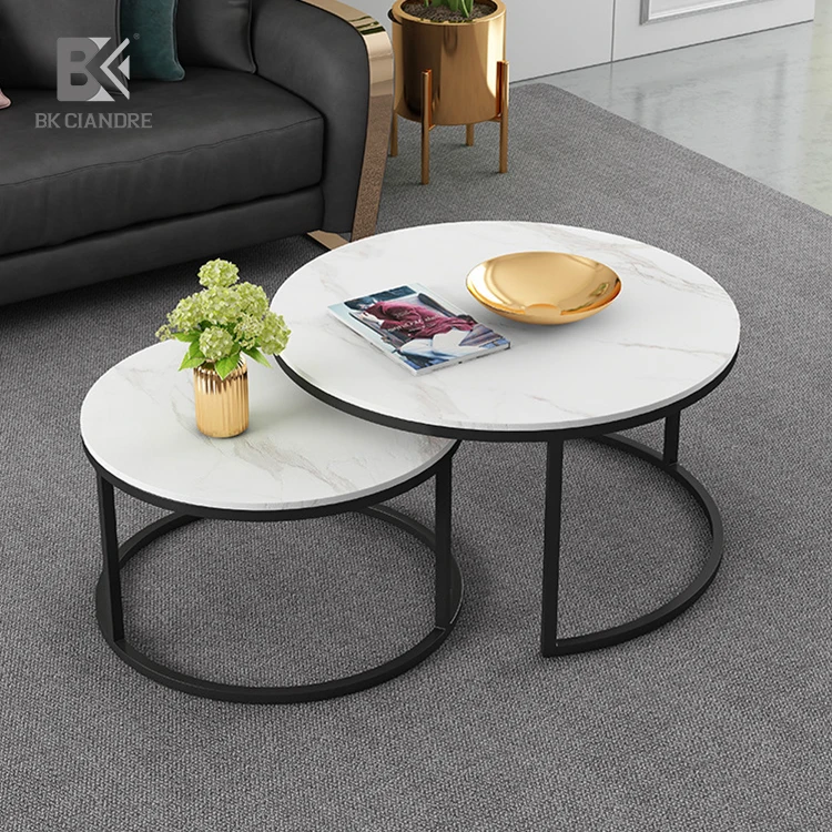BKX nordic luxury modern gold stainless steel frame sofa side end tea table round nesting marble top coffee table black