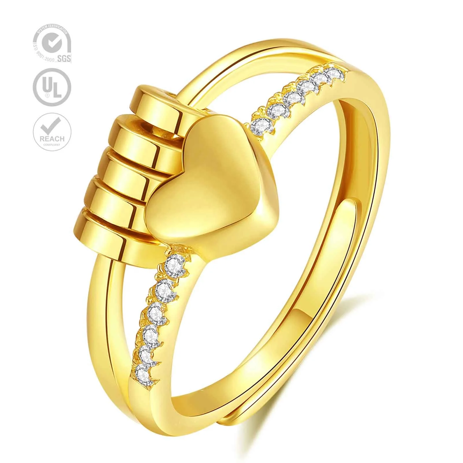Wholesale Fashion Jewelry 925 Sterling Silver 18K Gold Plated Adjustable Size Heart Shaped Anxiety Rings for Women