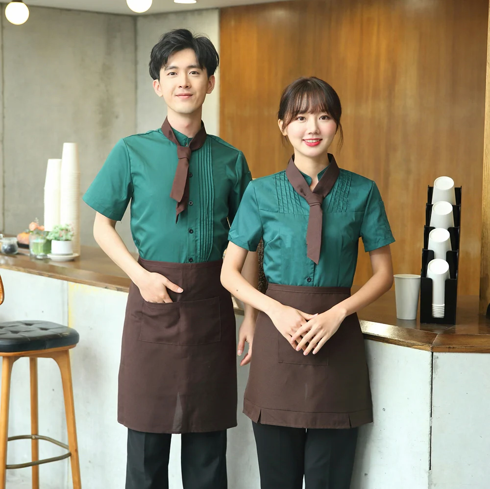 
Waiter short sleeve shirt set Restaurant hotel staff uniform leader towel Pure color cleaner uniform 