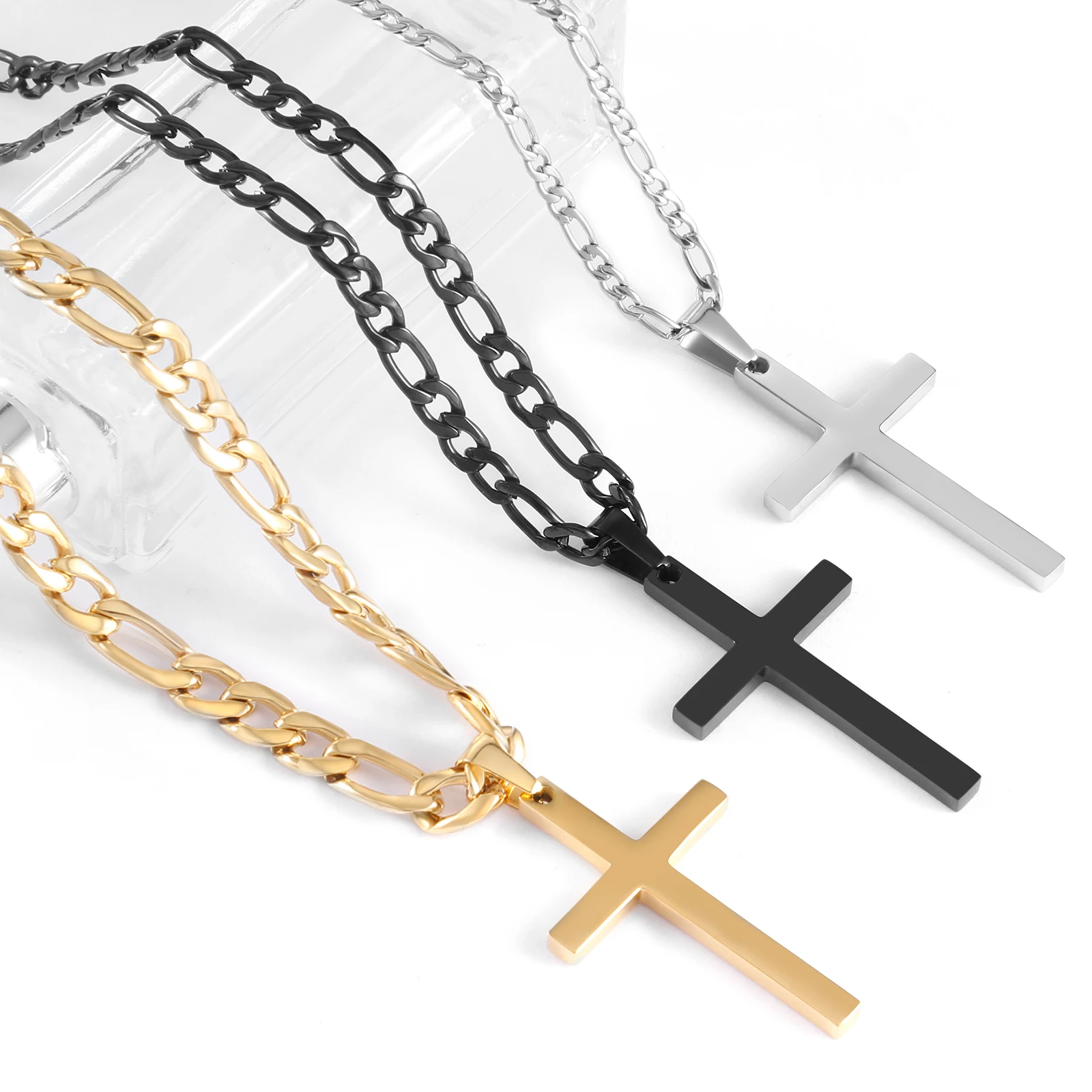 OUMI Customized 316L Stainless Steel 18K Gold Black Silver Plated Christian Chain Cross Pendant Necklaces For Men