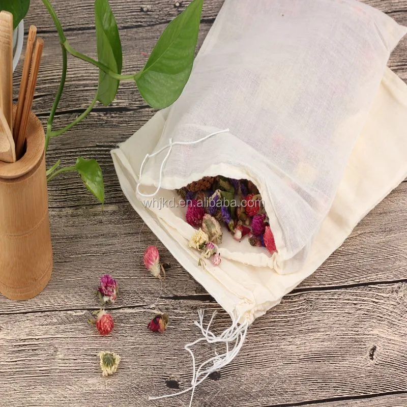 Unbleached organic cotton gauze drawstring bag with logo