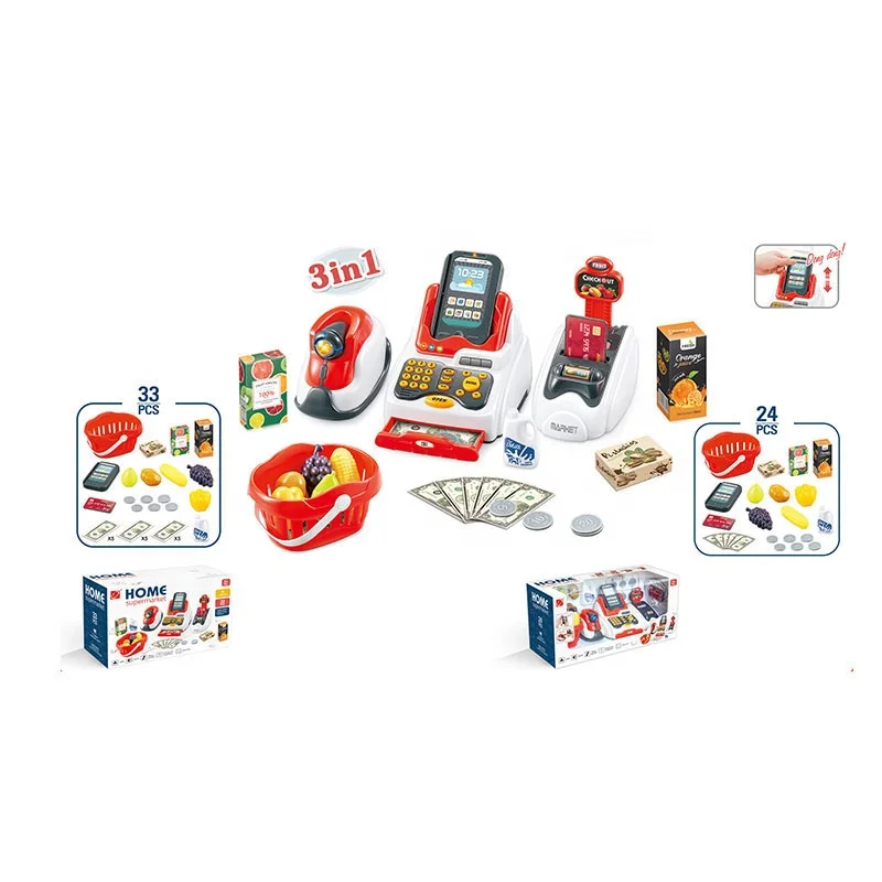 Deluxe play cash register 33pcs high quality children cash toy pretend play supermarket
