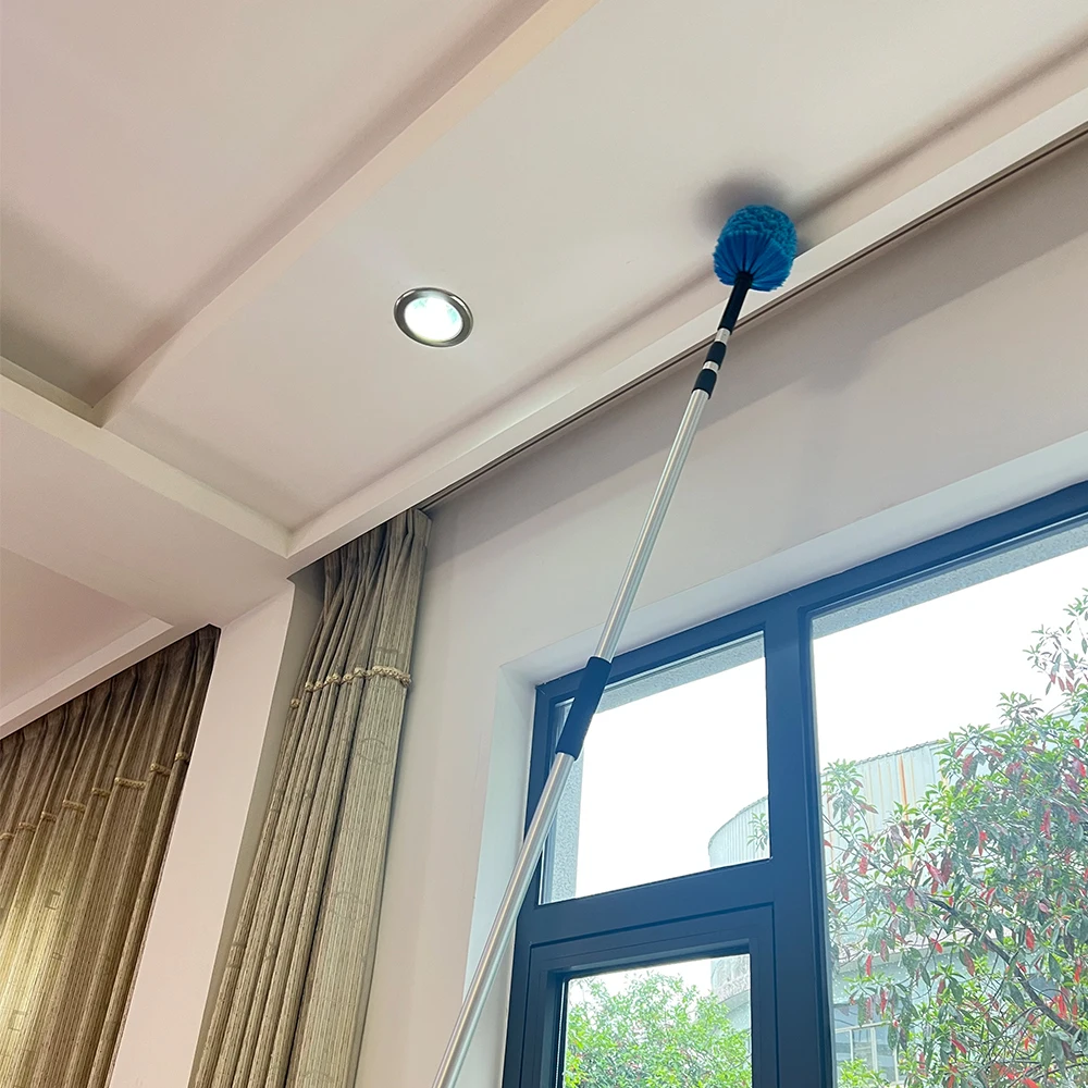 Qiyun Indoor long reach round professional cobweb duster brush with extension pole for high ceiling spider web cleaning