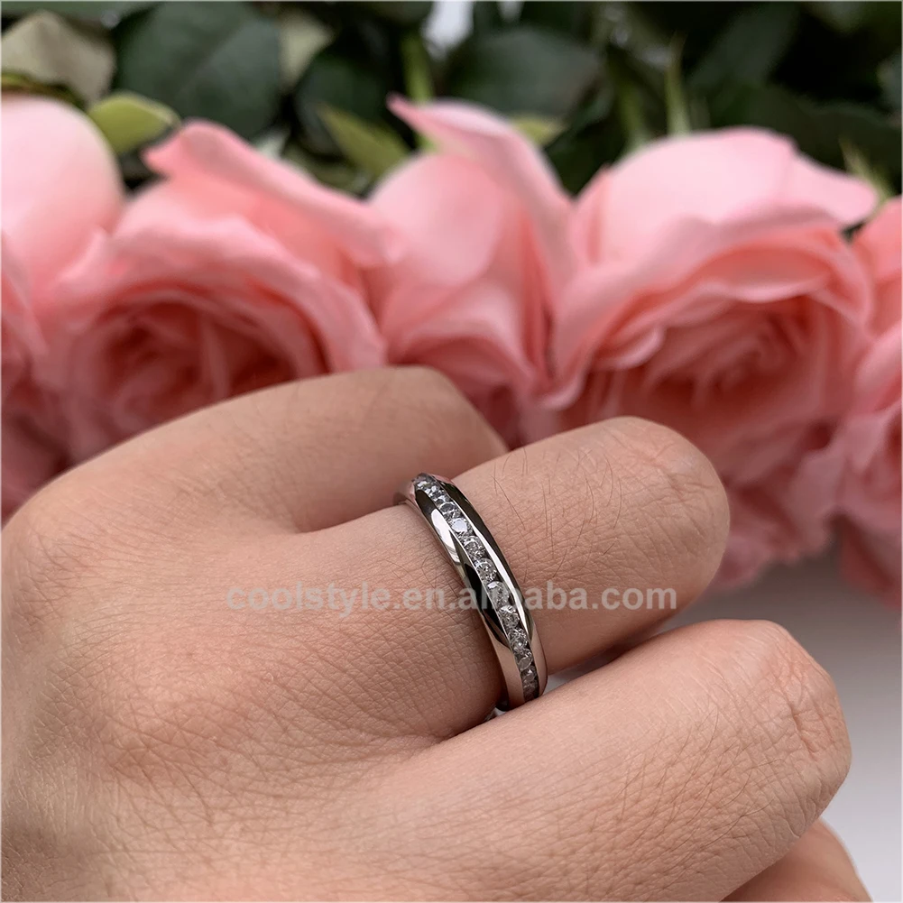 
4mm Women Stainless Steel Ring Eternity Wedding Engagement Band Polished Shiny Domed Sparking Cubic Zirconia Inlay Comfort Fit 