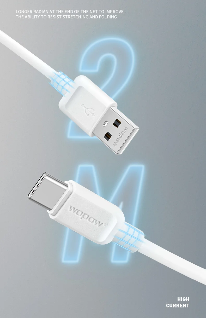 
Wopow LT-37 wopow type c cable 2M 3amp type c cable white type c charger data cable 
