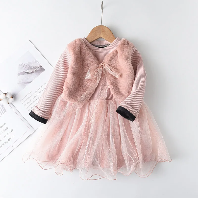Girls Imitated  Mink Velvet Fake Vest Two Pieces Dress for Autumn and Winter