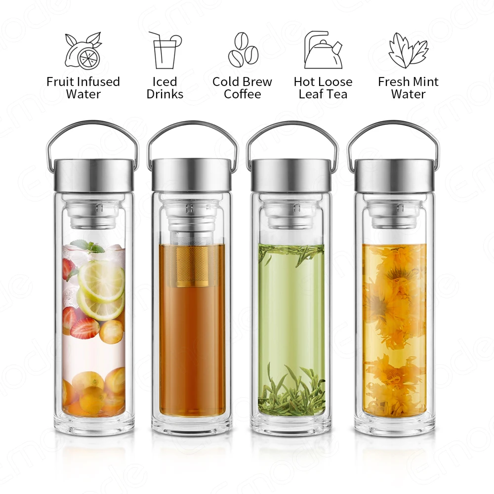 Emode Tea Tumbler with Infuser Double Wall Glass Travel Tea Mug with Stainless Steel Filter for Loose Leaf Tea and Fruit Water