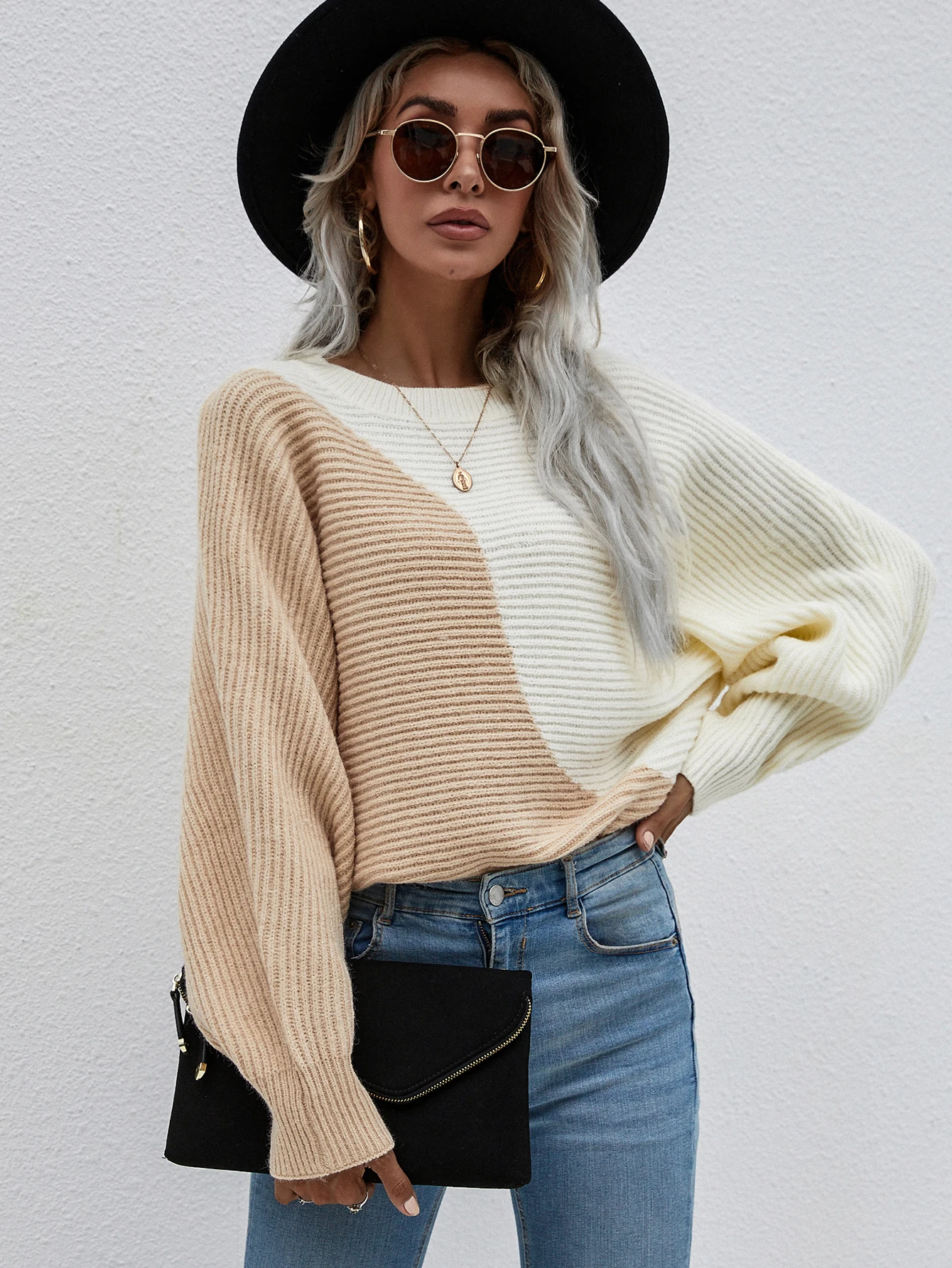 Contrast color long-sleeved sweater autumn and winter new round neck pullover sweater