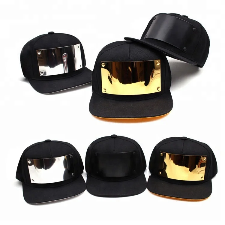 BSCI factory metal plate caps,gold metal plate logo snapback hat cap,custom metal plate snapback hat