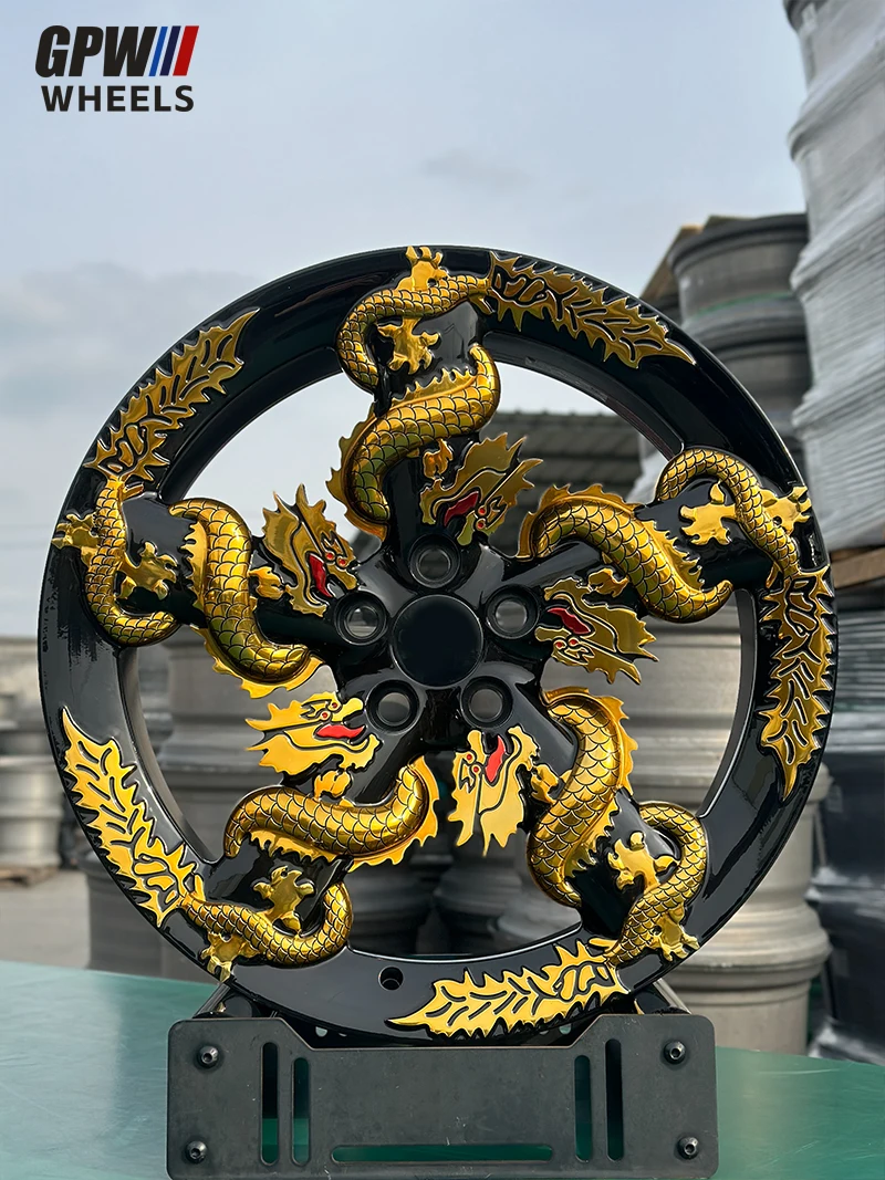 Hot Design Custom 3D Engraving Dragon Style Forged Wheel 5x108 5x114.3 5x120 6x114.3 5 Spokes Gold Rims for Car Modification