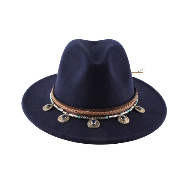Hot Sale Fashion Autumn Winter Wool Felt Ribbon Rope Jazz Bowler Hat for