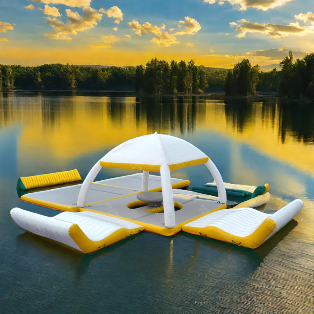 Leisure floating island inflatable floating dock with tent on inflatable water platform