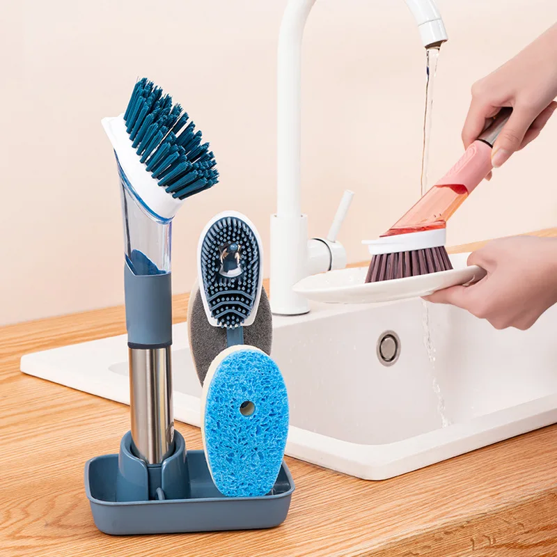 Household Kitchen Oil Stains Pot Washing Brush Long-handled Cleaning And Liquid Dishwashing Sponge Brush