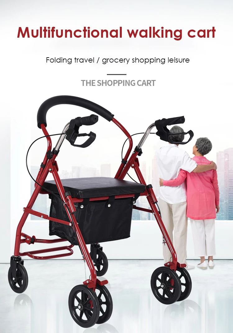 Mobility Aids Lightweight Four Wheel Folding Steel Rollator Walker with Seat For Disabled