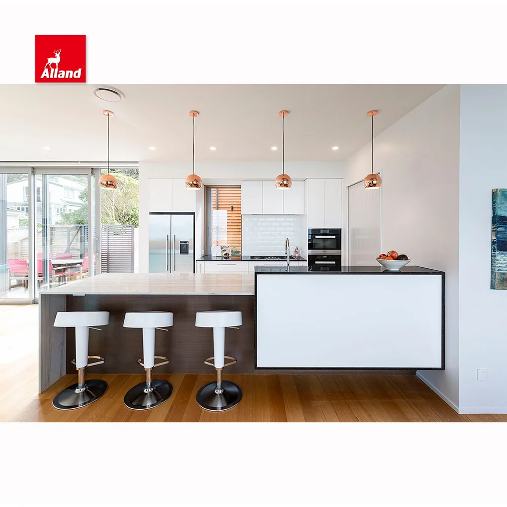 Elegant White Matte Lacquer Home Furniture MDF Handleless Flat Door Open Shelves Kitchen Cabinet with Quartz Worktop for Builder