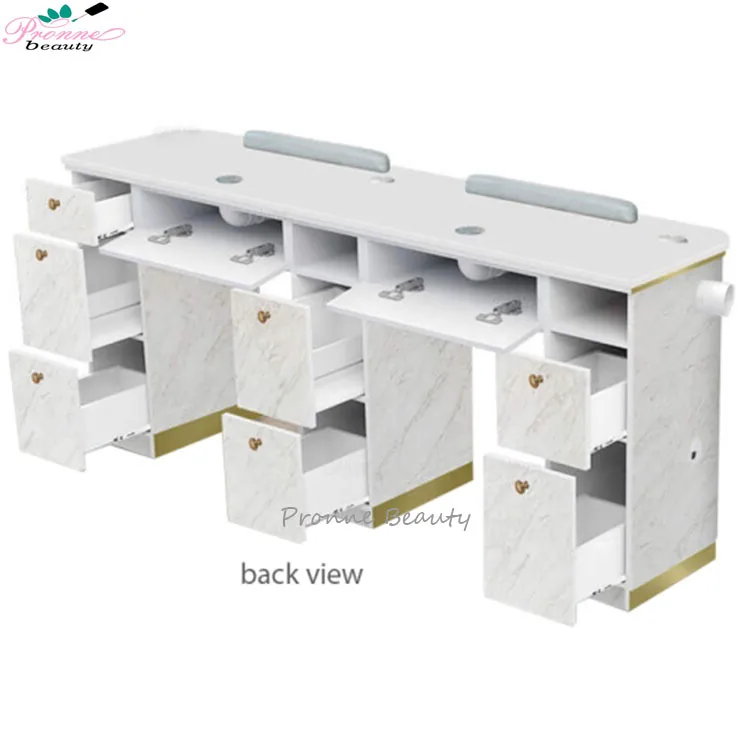 Light luxury nail shop manicure table marble and golden feet single and double nail table with vent