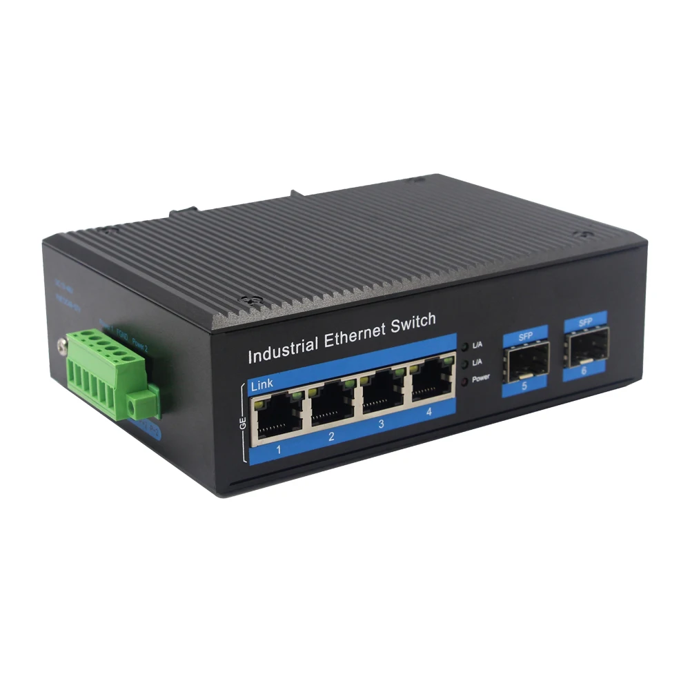 Промышленный оптоволоконный коммутатор Ethernet 4-портовый 10/100/1000 Мбит/с RJ45 + 2-портовый 1000 SFP слот с Din-рейкой настенным креплением