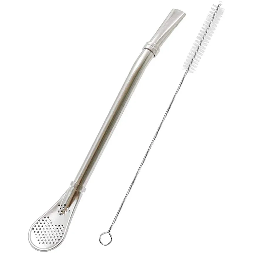 Stainless Steel Straw Spoon Filter Yerba Mate Bombilla Long Handle Tea Strainer with Cleaning Brush